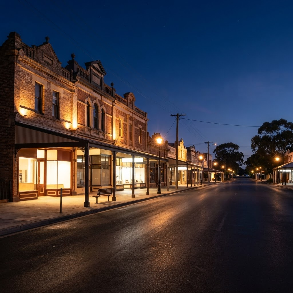 A quiet Beaudesert streetscape at dusk with warm shopfront lighting