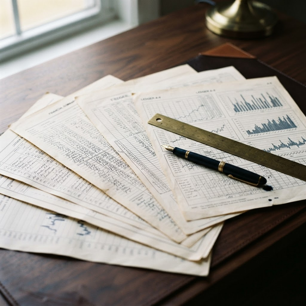 Close-up of orderly financial ledger pages and a fountain pen on a desk