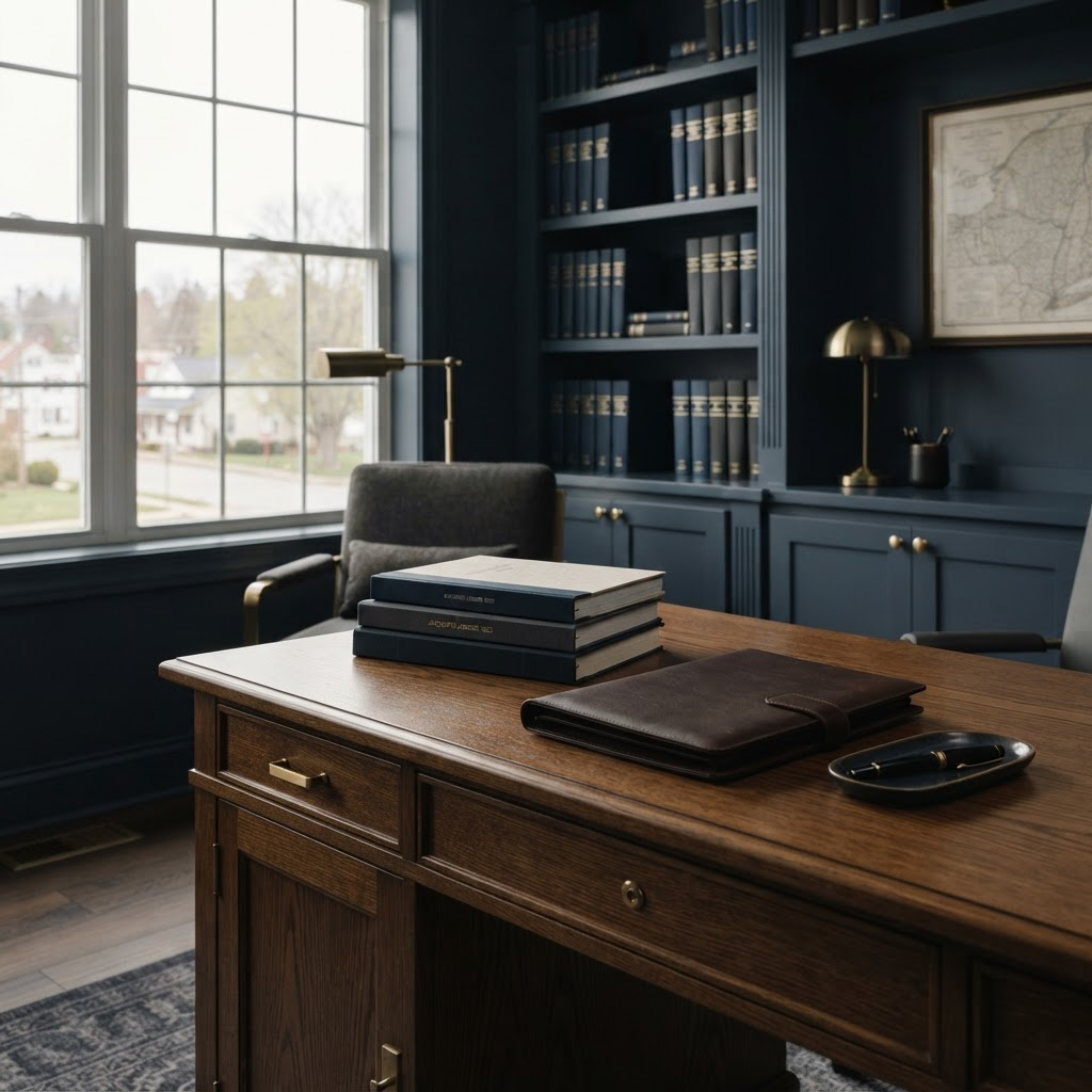 A quiet, softly lit accounting office desk with stacked ledgers and a leather folio