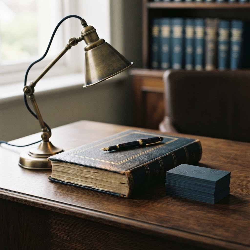 A still-life detail of a brass desk lamp, ledger and fountain pen on a timber desk