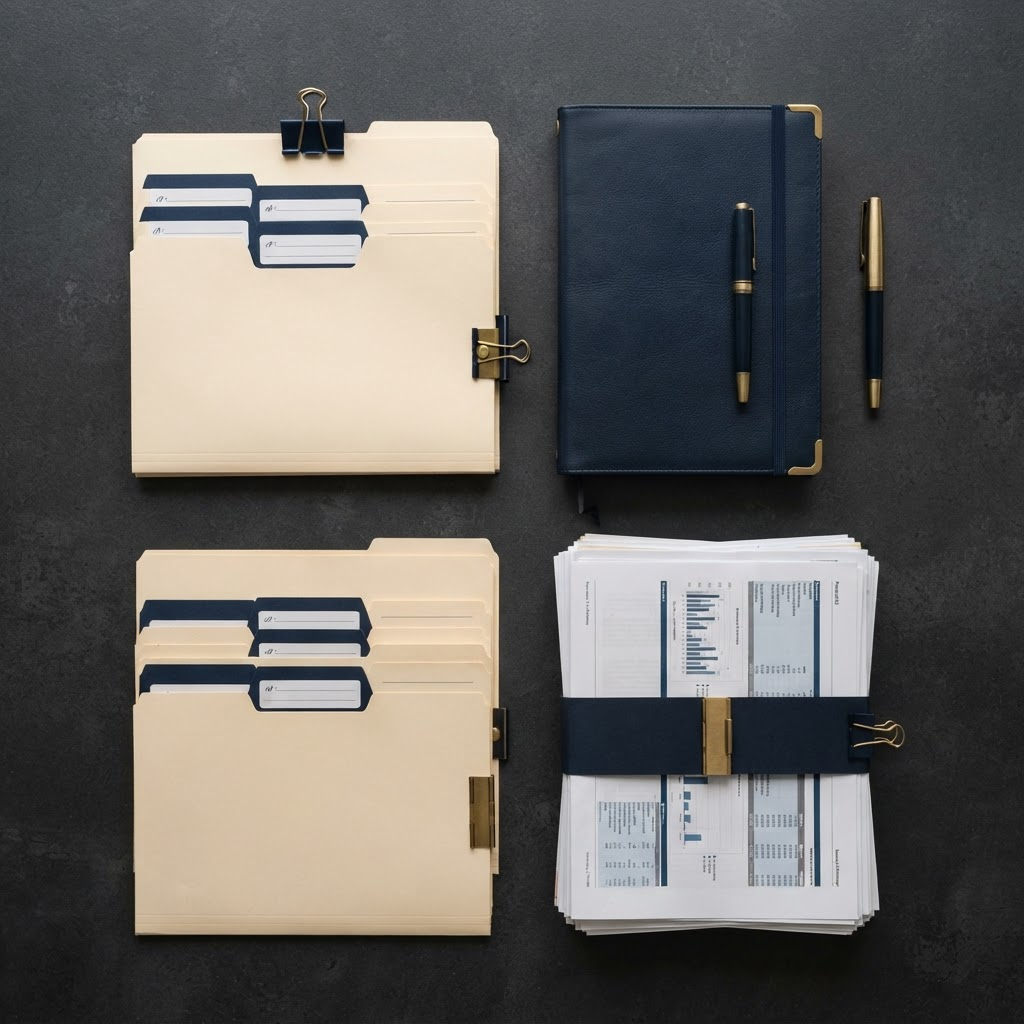 An overhead flat lay of organised folders, a notebook and financial documents
